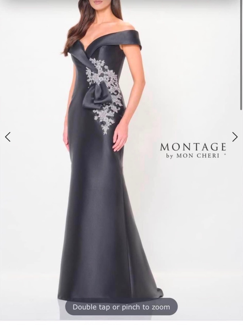 Montage by Mon Cheri Off-Shoulder Black Gown with Silver Applique
